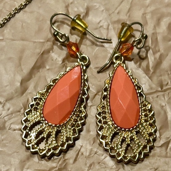 Orange and Gold Dangling Earrings - Picture 3 of 11